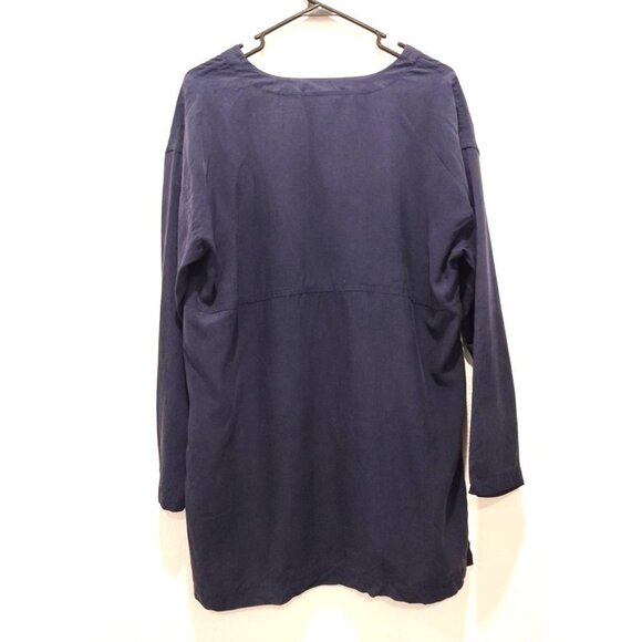 Apostrophe Navy Blue 100% Silk V Neck Mother Pearl Button Tunic Top M - Picture 3 of 12